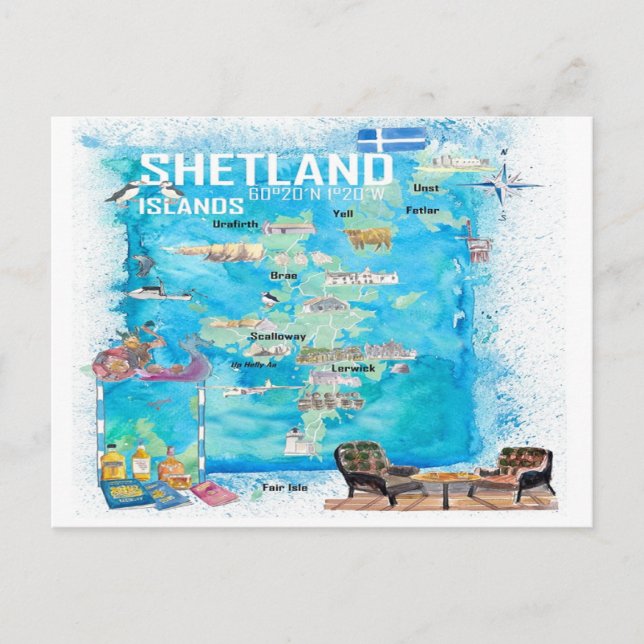 Carte de voyage illustrée des îles Shetland (Devant)
