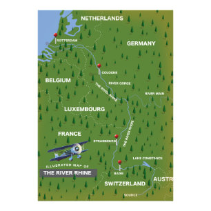 Carte de voyage rétro du Rhin. Impression photo