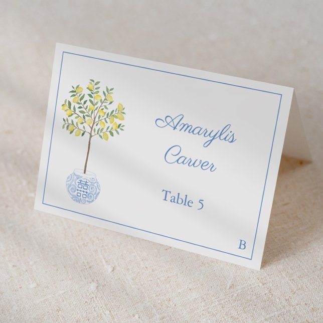 Carte de Wedding shower Preppy Lemon Tree (Individual place cards for wedding or baby boy shower featuring lemon tree in chinoiserie planter)
