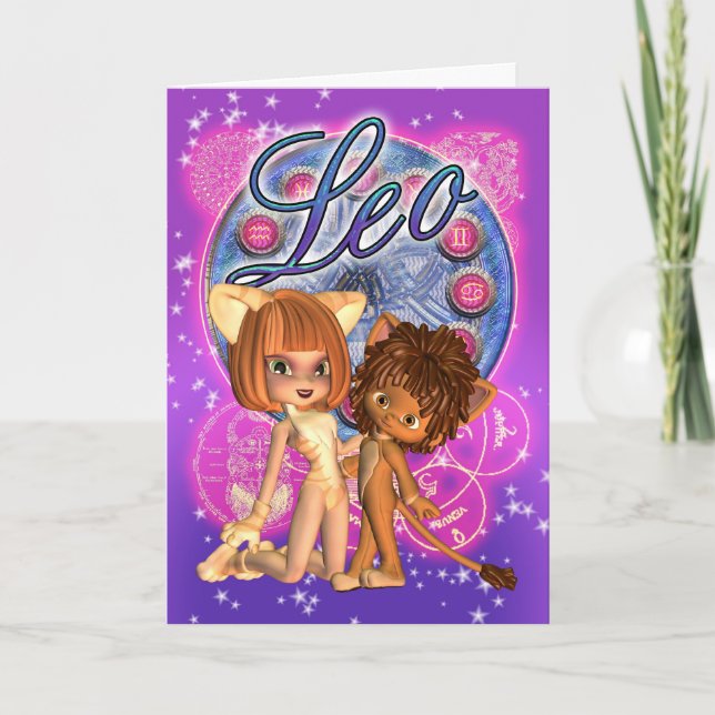 Carte de zodiaque de Lion avec la fille mignonne (Devant)