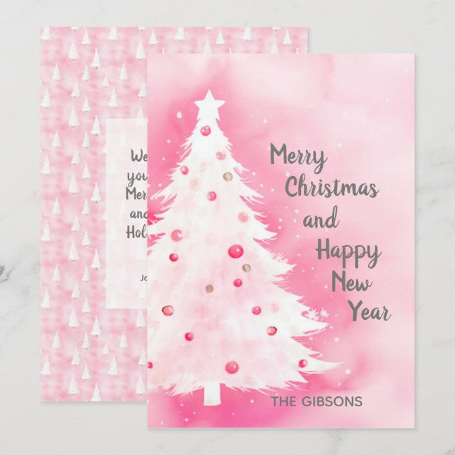 Carte d'eau Arbre de Noël rose blanc (Devant / Derrière)