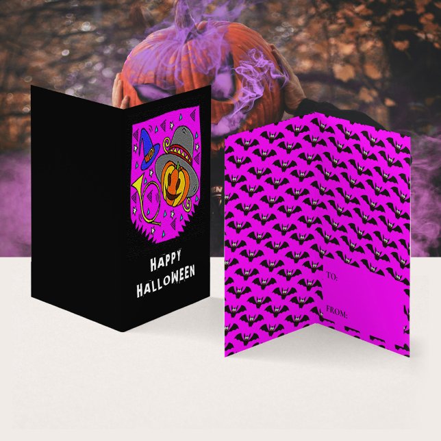 Carte d'échange de Citrouille Horn Bat Halloween (Happy Halloween Pumpkin Bugle Bats Purple Background Kids Exchange Card)