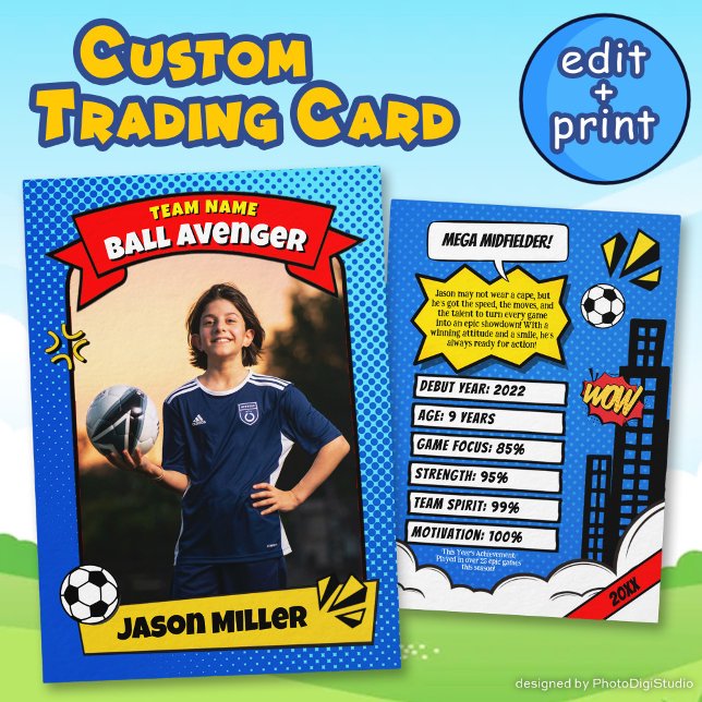 Carte d'échange de soccer personnalisée, carte de  (Custom Soccer Trading Card, Comic Soccer Card)