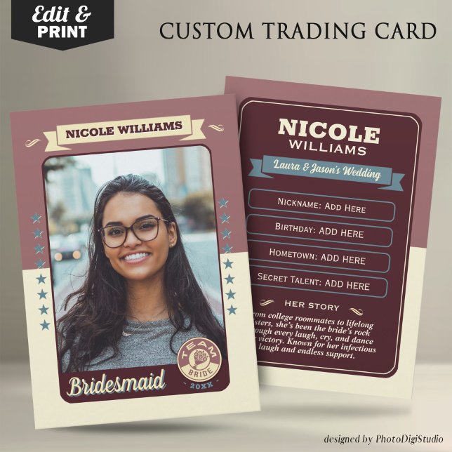Carte d'échange Equipe personnalisée, Cadeaux d'Ep (Custom Team Bride Trading Card, Bridesmaids Gifts Maid of Honor Trading Card, Retro Wedding Cards)