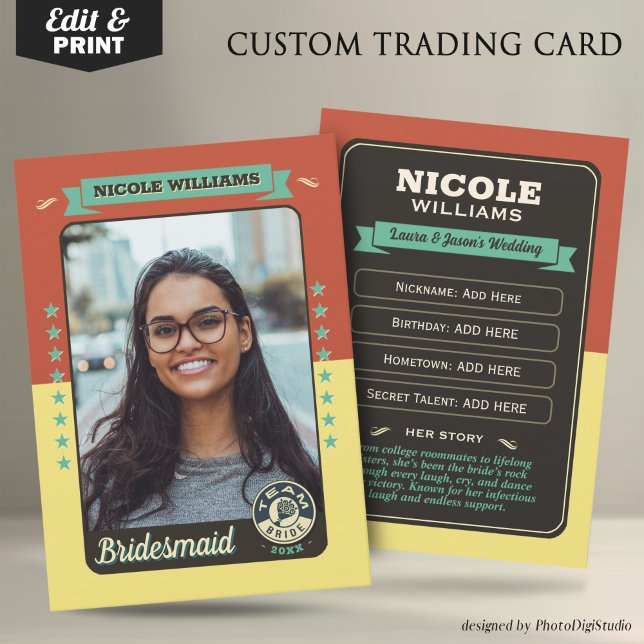 Carte d'échange Equipe personnalisée, Cadeaux d'Ep (Custom Team Bride Trading Card, Bridesmaids Gifts Maid of Honor Trading Card, Retro Wedding Cards)