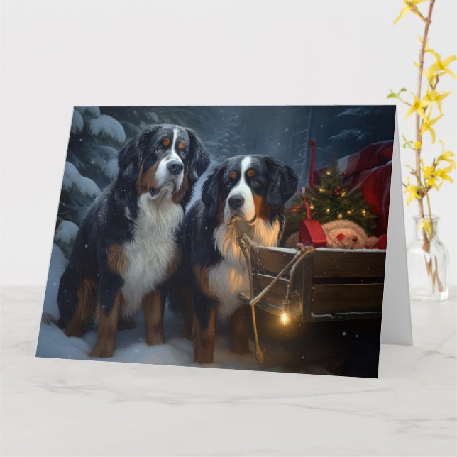 Carte Décor de Noël Bernese Mountain Snowy (Fleur jaune)