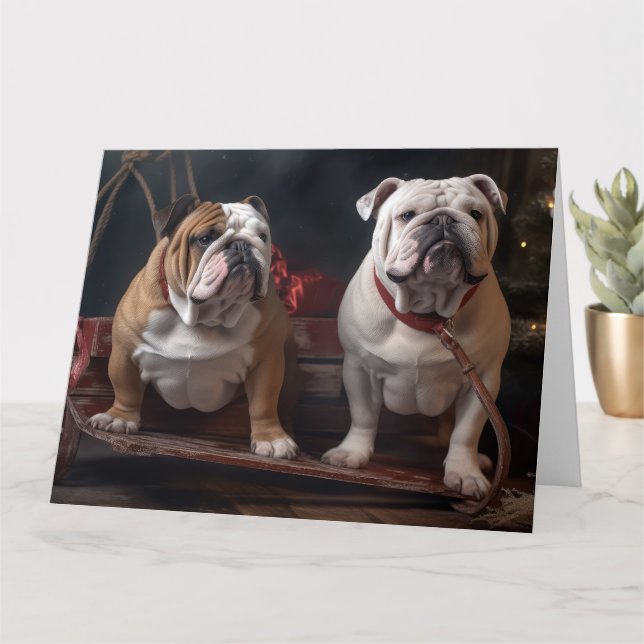 Carte Décor de Noël Bulldog Snowy Sleigh (Petite plante)