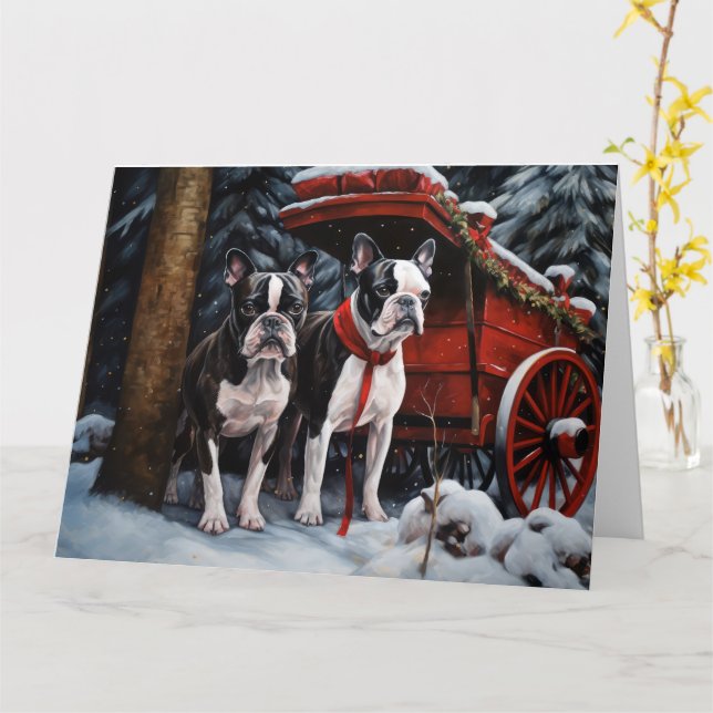 Carte Décor de Noël de Boston Terrier Snowy Sleigh (Fleur jaune)