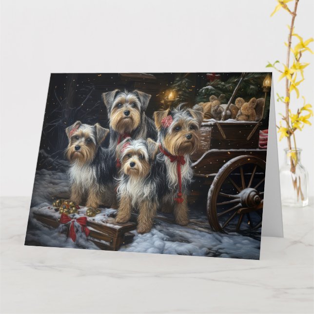Carte Décor de Noël du Biewer Terrier Snowy Sleigh (Fleur jaune)