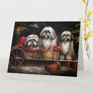 Carte Décor de Noël Lhasa Apso Snowy Sleigh