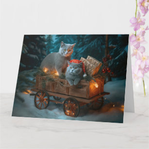 Carte Décor de Noël russe Blue Cat Snowy Sleigh