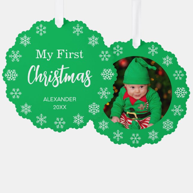 Carte Décorative  Baby Photo Snowflakes Green My First Christmas (Recto/Verso)