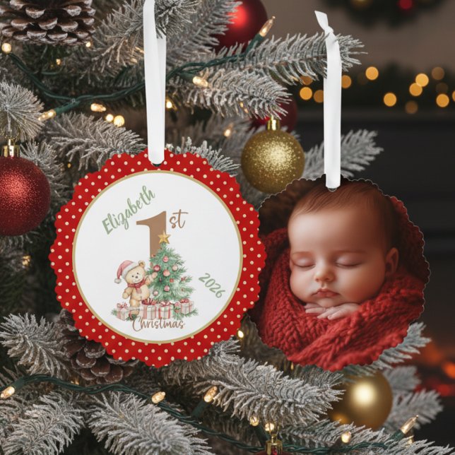 Carte Décorative Baby's First Christmas Photo (Baby's First Christmas Teddy Bear photo ornament)