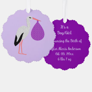 Carte Décorative Bébé Cigogne Personnalisé Violet Genre Neutre