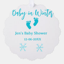 Bébé en hiver baby shower bleu bébé pieds snowflak