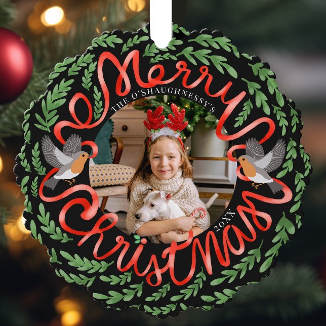 Carte Décorative Black Joyeux Noël Folk Foliage Wreath Photo (Créateur téléchargé)