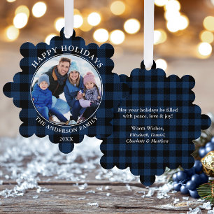 Carte Décorative Bleu Plaid Rustique Joyeux Vacances Photo