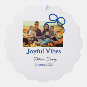Carte Décorative Blue bow joyful Vibes ajouter nom de famille photo