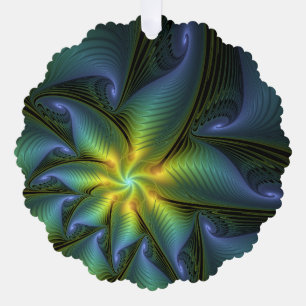 Carte Décorative Etoile Abstraite, Bleu brillant Vert Or Fractal Ar