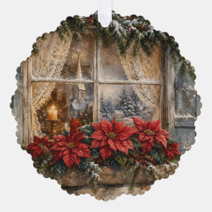 Carte Décorative Fenêtre de Noël au Poinsettia enneigé
