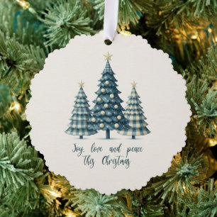 Carte Décorative Joy, Love and Peace Bleu À damiers arbres de Noël