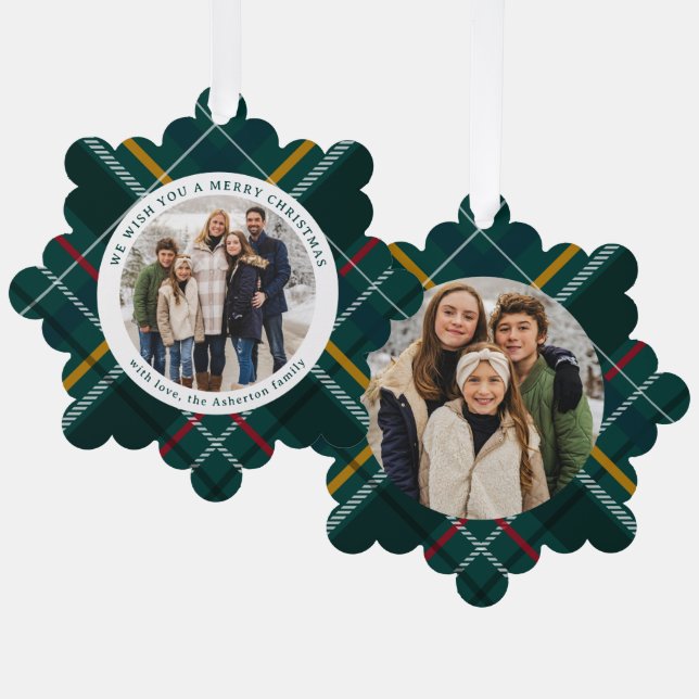 Carte Décorative Joyeux Noël classique vert plaid deux photo (Recto/Verso)