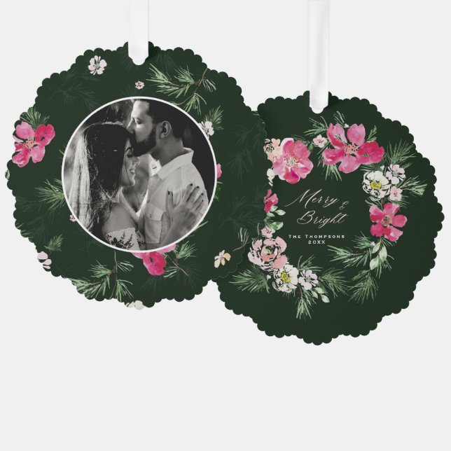 Carte Décorative Joyeux Noël fleurs aquarelle verte (Recto/Verso)