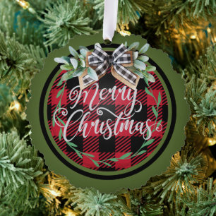 Carte Décorative Joyeux Noël Rouge Buffalo noir Plaid Wreath