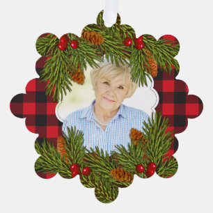 Carte Décorative Memorial Photo Buffalo Plaid Pine Boughs Noël