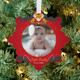 Carte Décorative Mon premier Noël Rouge Nom de bébé personnalisé