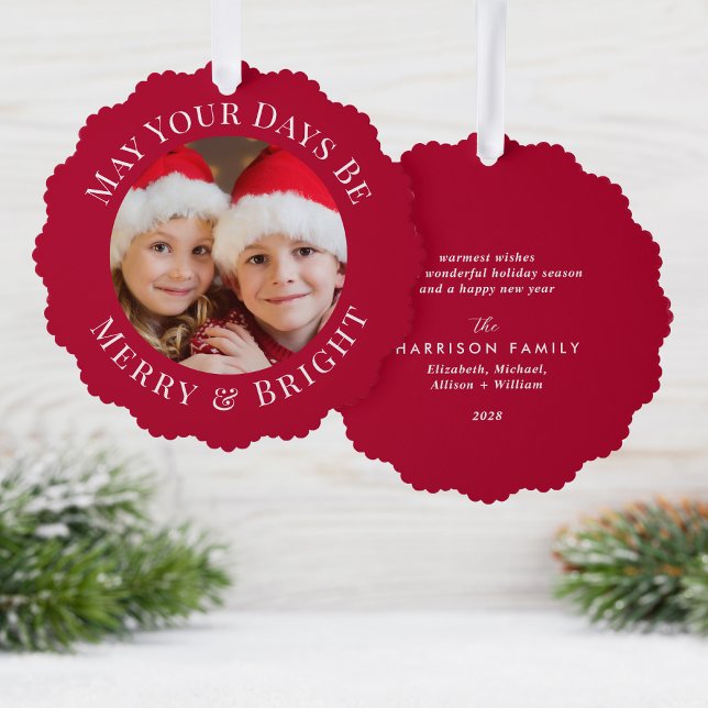 Carte Décorative Noël Joyeux Bright Photo Fête Rouge (Share the love and warmth of the holiday season with a photo paper ornament card)