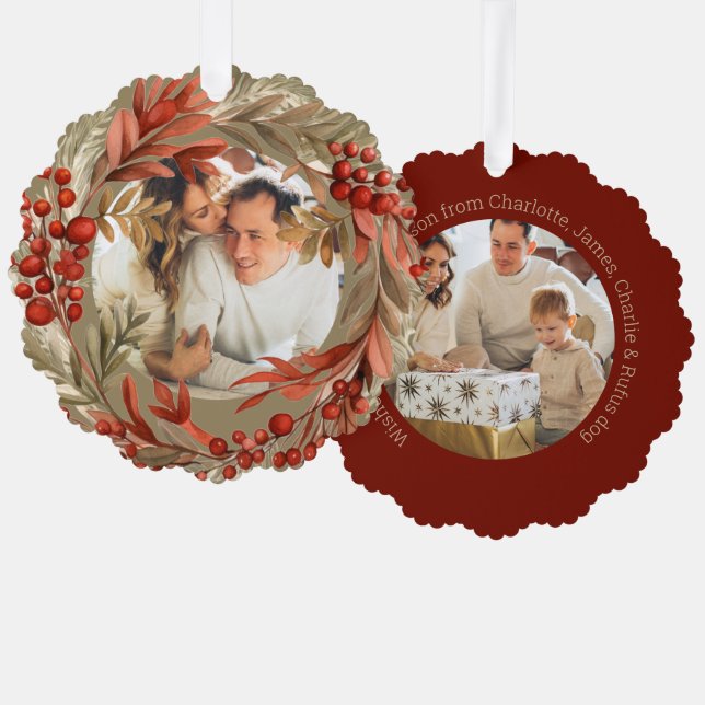 Carte Décorative Noël Photo personnalisée Wreath Red Berry (Recto/Verso)