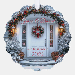 Carte Décorative Noël Porte blanche Wreath "notre première maison"