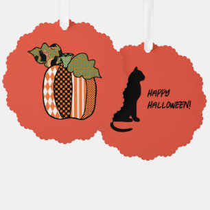 Carte Décorative Patchwork de chat noir Citrouille Halloween joyeux