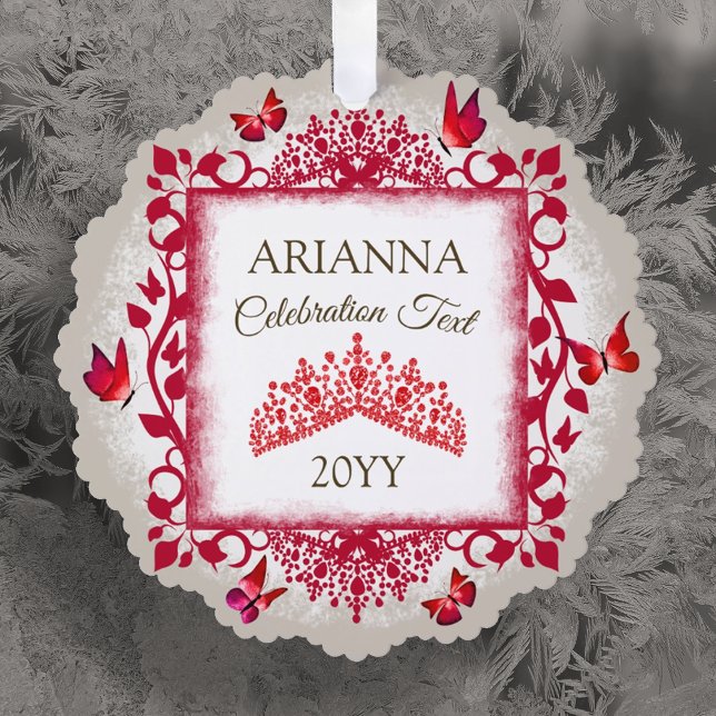 Carte Décorative Personalized Ruby Red Tiara & Butterflies (red tiara and butterflies christmas tree ornament with custom message, personalized paper ornament)