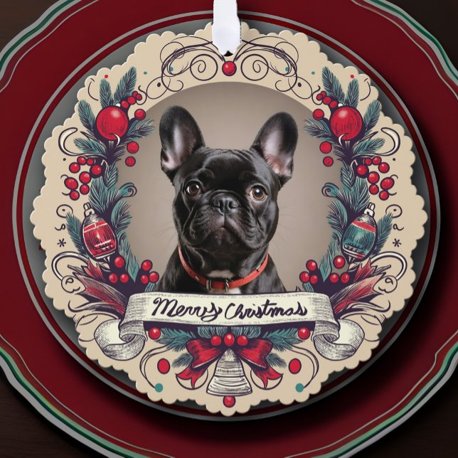 Carte Décorative Personnalisé Animaux de compagnie photo vacances d (Custom Christmas Pet Photo Holiday Picture Greeting Keepsake Ornament Card with vintage wreath frame)