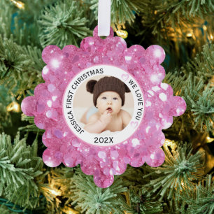 Carte Décorative Pink Baby Girl First Christmas Nom Photo