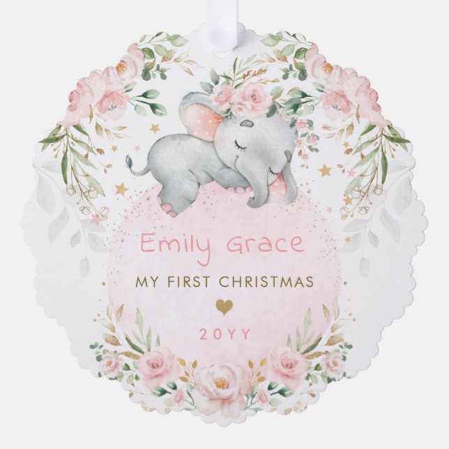 Carte Décorative Pink Floral Elephant Baby First 1st Christmas (Recto)