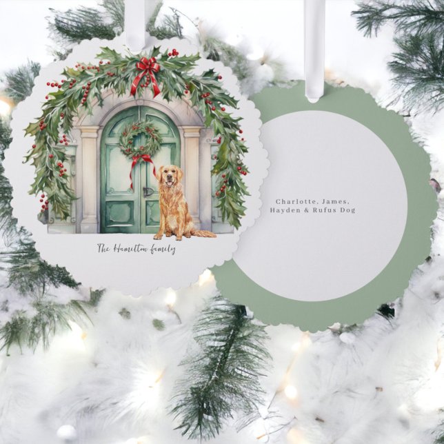 Carte Décorative Porte d'entrée avec Golden Retriever Noël (Front Door With Golden Retriever Christmas Ornament Cards from Ricaso. A card & ornament on one)