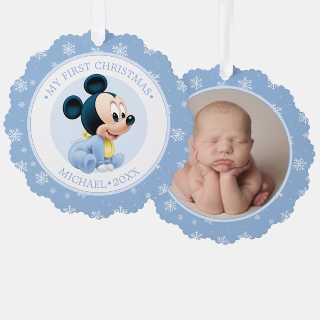 Carte Décorative Premier Noël bleu Mickey Baby (Recto/Verso)