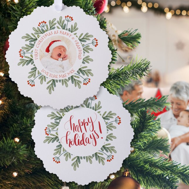 Carte Décorative Premier Noël Nanny Grand-papa Photo Berry (Front and back view)