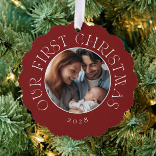 Carte Décorative Première fête de Noël du bébé Famille Rouge Photo