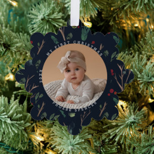 Carte Décorative Première photo de Noël du bébé botanique simple