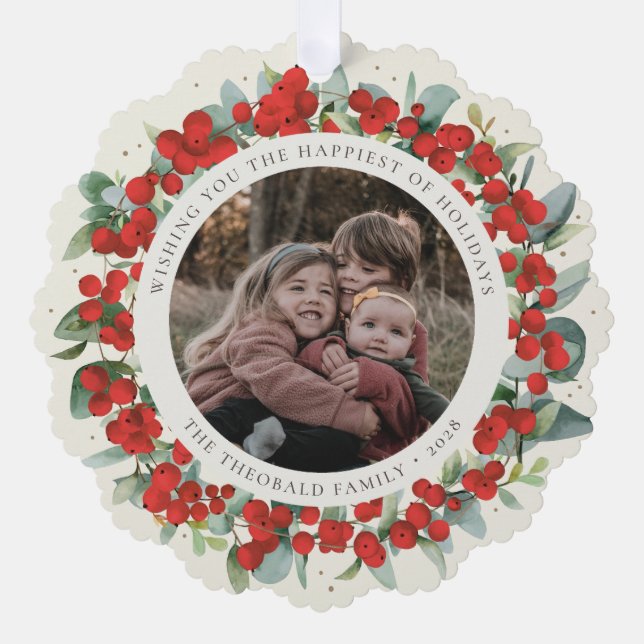 Carte Décorative Red Berries + Eucalyptus Holiday Wreath Photo  (Recto)