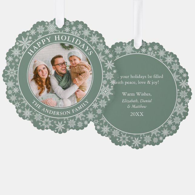 Carte Décorative Sage moderne Green Snowflakes Happy Holidays Photo (Recto/Verso)
