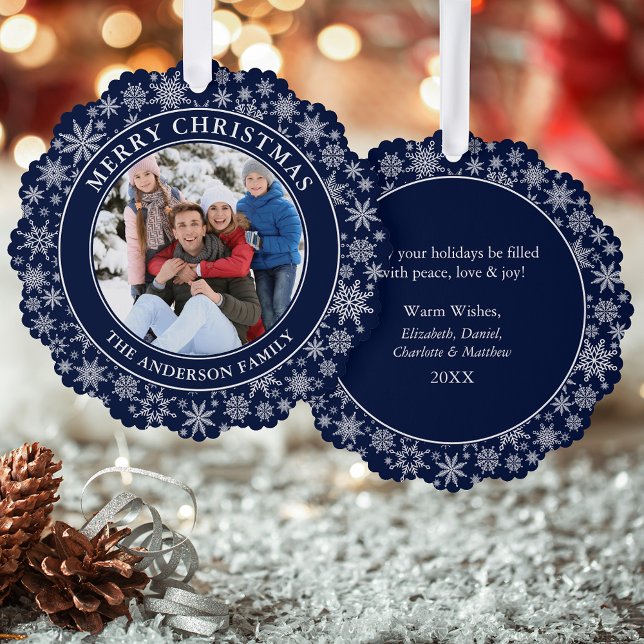 Carte Décorative Snowflakes Blue Joyeux Noël Photo (A greeting card that is also an ornament! Customize with your photo and personalized text.)