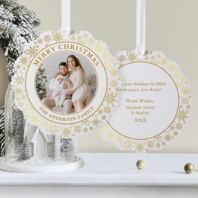 Carte Décorative Snowflakes Gold moderne Joyeux Noël Photo (A greeting card that is also an ornament! Customize with your photo and personalized text.)