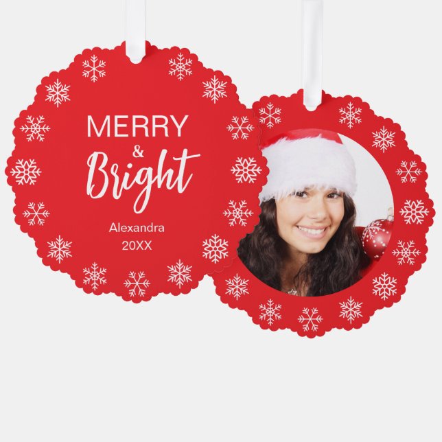 Carte Décorative Snowflakes Merry Bright Christmas Photo Red White  (Recto/Verso)