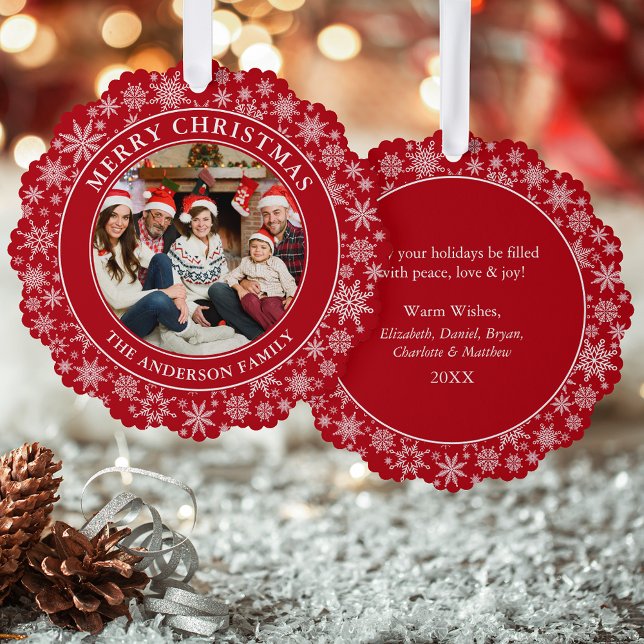 Carte Décorative Snowflakes Red Joyeux Noël Photo (A greeting card that is also an ornament! Customize with your photo and personalized text.)