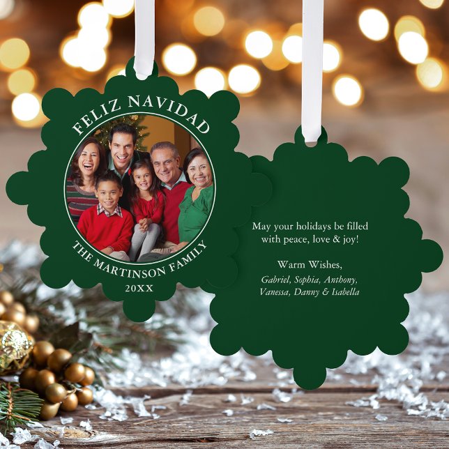 Carte Décorative Vert moderne Feliz Navidad Photo (A greeting card that is also an ornament! Customize with your photo and personalized text.)